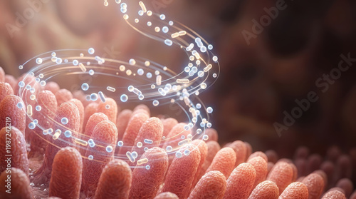 Healthy gut microbiome bacteria intestine villus probiotic vs dysbiosis concept with glowing microorganism around intestinal lining showing digestive health and imbalance in 3d rendering