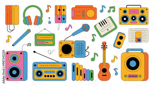 A colorful collection of vintage and modern audio devices including radios speakers headphones and a guitar creates a musical scene high quality professional detailed elegant stylish