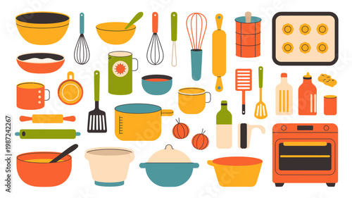 A colorful collection of kitchen tools and appliances is displayed including bowls utensils a baking sheet and a miniature oven high quality professional detailed modern elegant