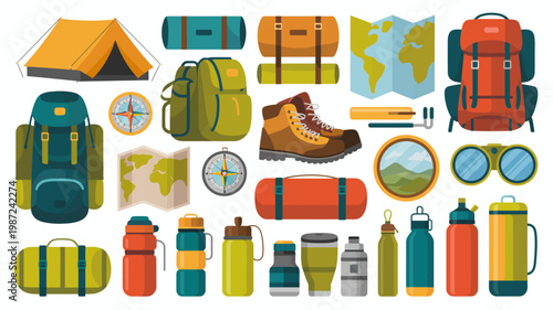 A colorful collection of camping and hiking gear is displayed including a tent backpacks maps and various outdoor accessories high quality professional detailed modern elegant stylish