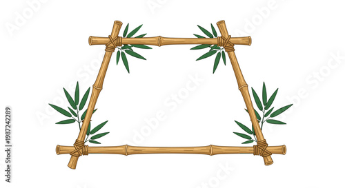 Empty frame or border made of tied bamboo stalks and green bamboo leaves isolated on a white background for tropical or zen design.
