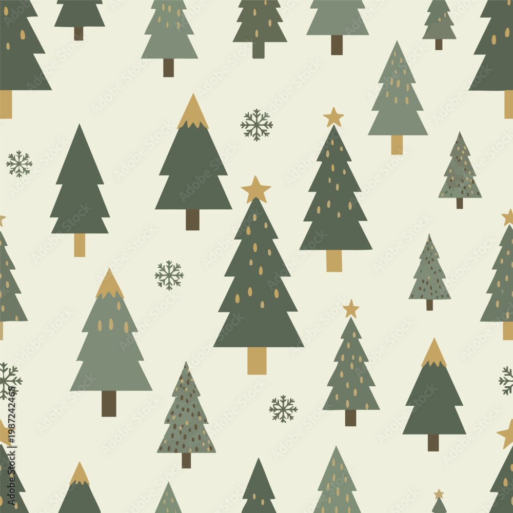 Obraz premium Christmas Trees, Holiday Pattern, Winter Seamless Design, Green and Gold Ornaments