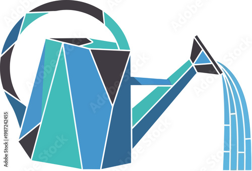 Modern geometric low poly watering can with water flowing downwards
