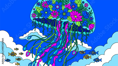 Giant Floating Jellyfish Botanical Garden with Hanging Vines Pop Surrealism Flat Illustration with Bold Outlines