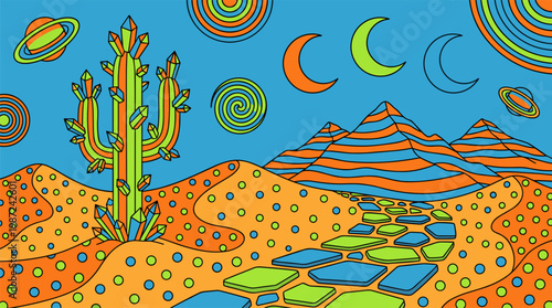 Desert Landscape with Crystal Cactus and Polka Dot Dunes, Pop Surrealism Flat Illustration