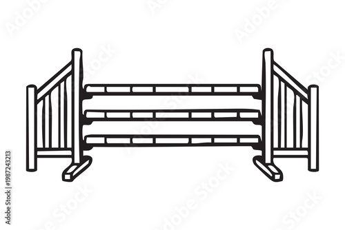 Arena fence readiness. Wooden rails prepare for competition. Sporting arena featuring rustic threerail jumping fence setup. Practicing with wooden threerail jump in empty sports arena setting