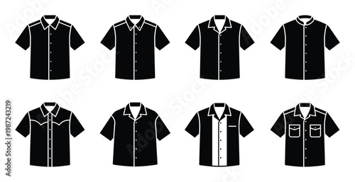 Black button up short sleeve shirts collection men apparel fashion vector icons