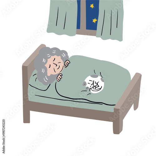 おばあさんが布団の中で寝ていて、その上に猫が丸まって寝ている2