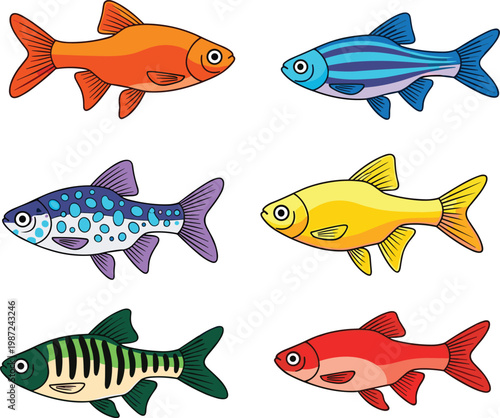 Tropical Aquarium Fish Set with Colorful Barb and Danio Species Isolated on White