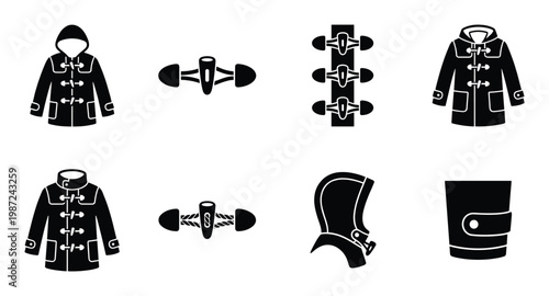 Black duffle coat with toggle buttons, hood, and wallet with metal closure isolated on grid