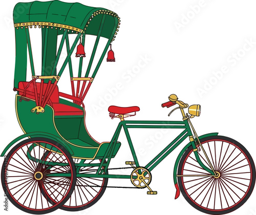 Green traditional cycle rickshaw silhouette illustration with rickshaw