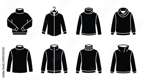 Black jackets hoodies sweaters mock neck turtleneck fashion vector icons