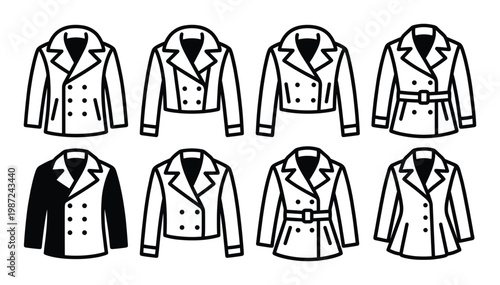 Black and outline jackets, double breasted styles with belts and buttons, isolated