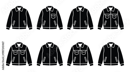 Black jackets with pockets and collars, zipper closures, isolated on transparent background