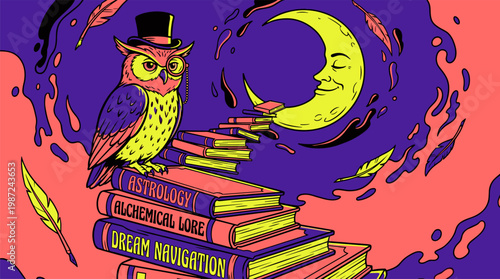 Scholarly Owl On Levitating Book Staircase To Moon Pop Surrealism Flat Illustration With Bold Outlines