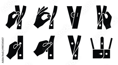 Button icons isolated on transparent background, hand fastening button, buttoning clothes vector graphics