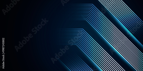 Dark background with modern and futuristic glowing blue diagonal stripes decoration. Future technology concept with elegant line style and sparkling light effect. EPS. 2