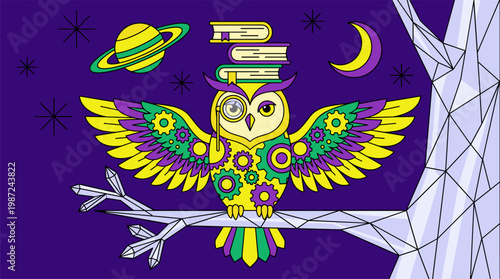 Majestic Steampunk Owl with Books and Planets Pop Surrealism Flat Illustration with Bold Outlines