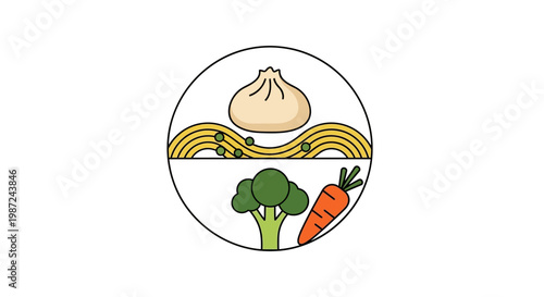 Dumpling with noodles and vegetables.