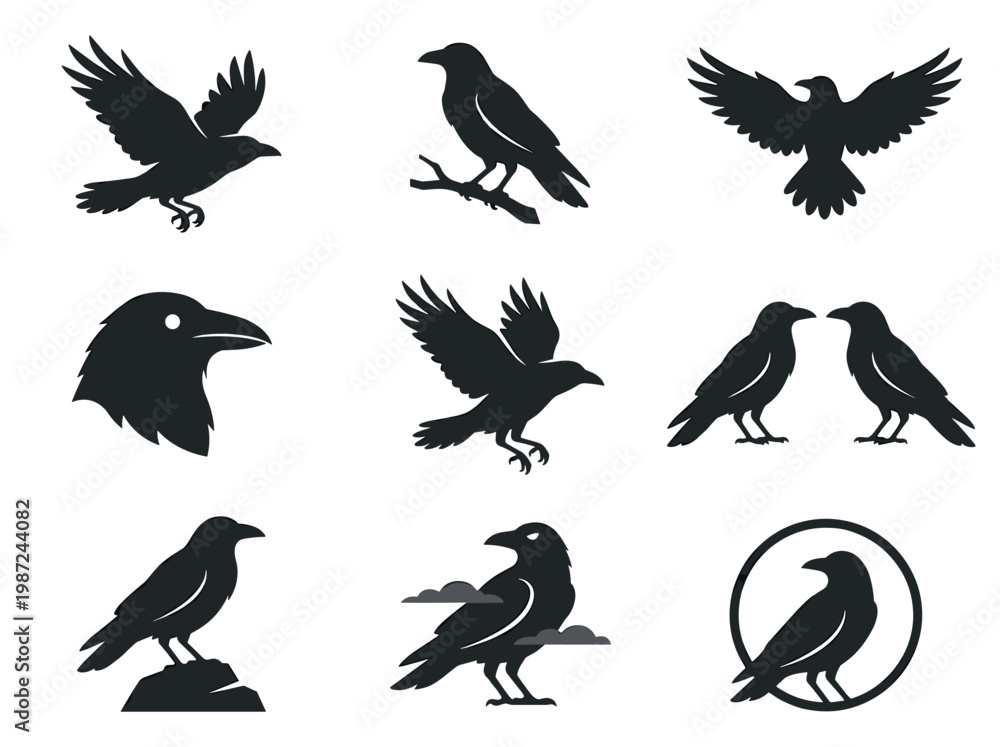 Fototapeta premium Crow silhouettes: 9 black bird icons set for Halloween, gothic, and minimalist vector design