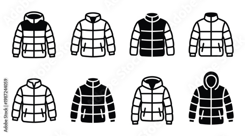Down puffer jacket icon set showing various winter quilted coats with hoods and high collar designs