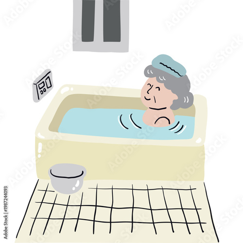 おばあさんが頭にタオルをのせてお風呂に入っている2