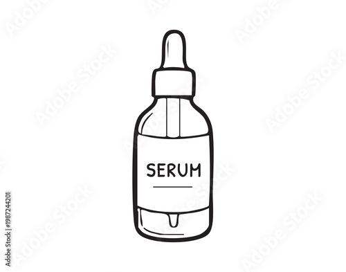 Line art serum bottle with dropper simple black stroke illustration showing glass vial with visible pipette and label reading serum isolated on white background minimal modern aesthetic ideal