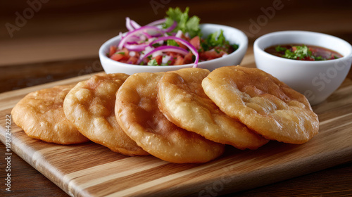 Golden fried bread, a culinary delight. Served with fresh salsa and dipping sauce
