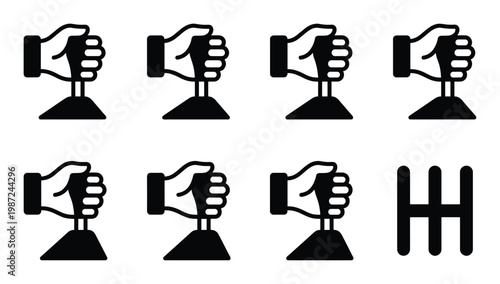 Gear shift icons isolated on transparent background, hand holding shifter, car transmission vector graphics