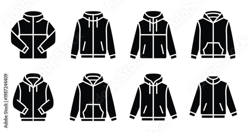 Hoodie sweatshirt icon set featuring different zip up and pullover fleece jacket designs for sports