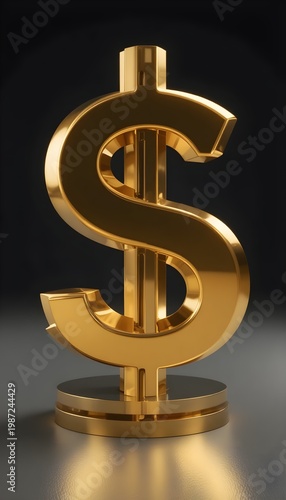 Luxury Golden Dollar Symbol 3D Render on Minimal Neutral Background, Shiny Metallic Currency Icon Representing Wealth, Finance, Investment Growth, Business Success and Economic Prosperity Concept
