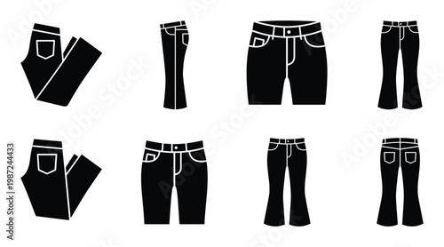 Jeans pants icons set with various styles of denim trousers for fashion design and apparel marketing