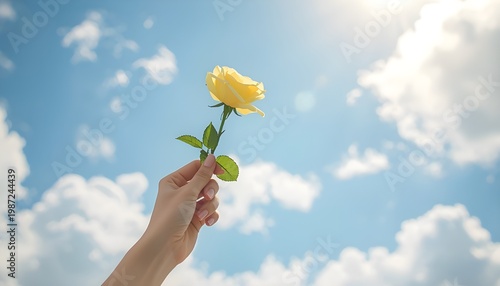 Delicate Female Hand Holding Yellow Rose in Soft Sunny Sky Background