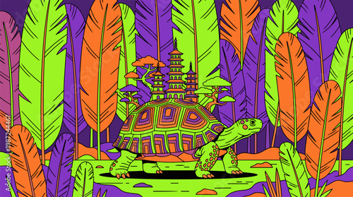 Giant Patterned Tortoise Carrying Miniature Pagoda City Pop Surrealism Flat Illustration with Bold Outlines