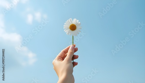 Elegant Woman Hand Holding Daisy Flower on Blue Sky Background with Copy Space