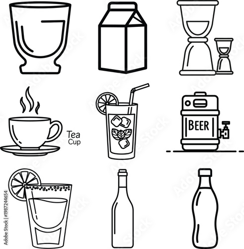 Various beverage containers and drinks in a black and white illustration