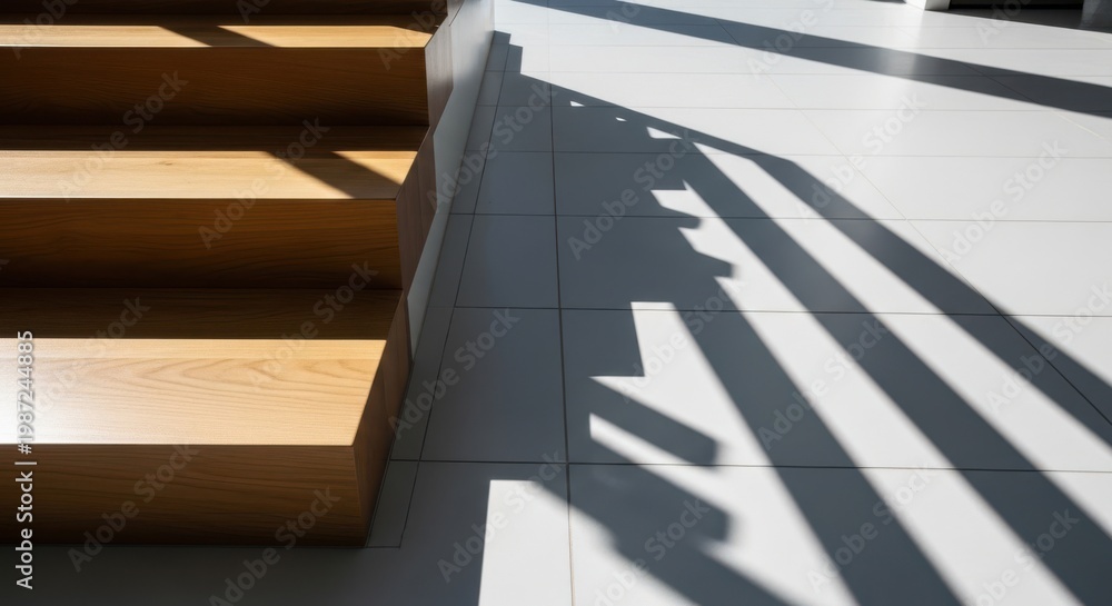 Obraz premium Modern wooden staircase with sharp, defined shadows cast by light on a tiled floor