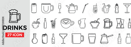 Collection of 27 hand-drawn drink icons in black and white