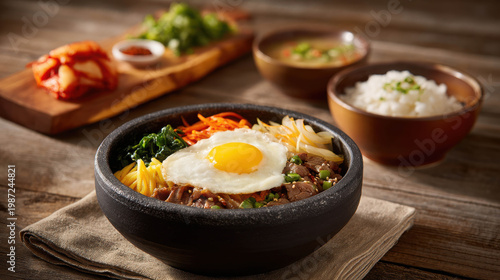 A delicious bibimbap dish with various side dishes, offering a culinary delight 