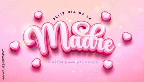 Happy Mother's Day Greeting Card Design with Heart and Cut Out Typography Lettering on Light Pink Background. Feliz Dia de La Madre Spanish Language Vector Illustration for Loved and Best Mom