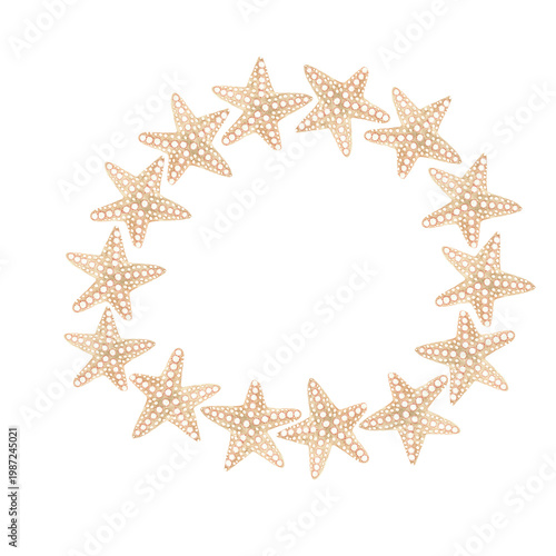 Watercolor nautical wreath made of starfish on a light grey background, hand-painted sea star frame for summer invitations and coastal decor.