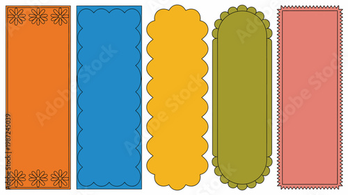 A colorful arrangement of five rectangular decorative borders is displayed against a plain white background showcasing diverse edge designs high quality professional detailed modern elegant stylish