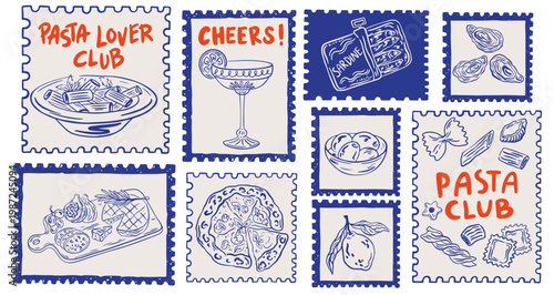 Hand drawn Italian post stamps set. Mediterranean food, pasta, pizza, lemon, sardine. Summer, Amalfi, coastal vacation doodles, sketches. Vector vintage postage emblem for poster, card