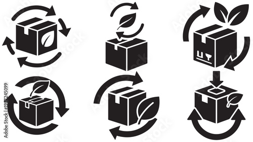 Set Of Recycle Packaging Icons With Leaf Symbols And Circular Arrows