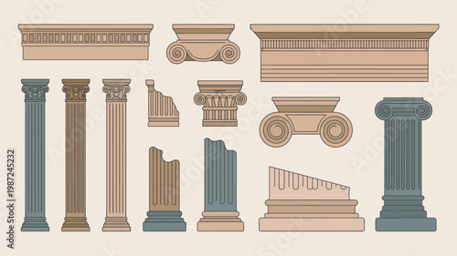 An arrangement of classical architectural elements including columns capitals and entablatures is displayed in muted earth tones high quality professional detailed modern elegant stylish clean crisp