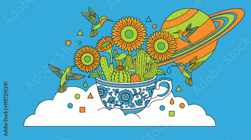 Surreal Teacup Garden Floating In Clouds Pop Surrealism Flat Illustration With Bold Outlines