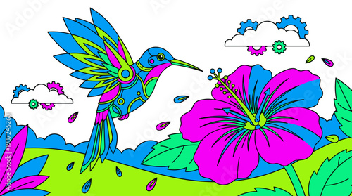 Mechanical Hummingbird and Clock Hibiscus Flower Pop Surrealism Flat Illustration with Bold Outlines