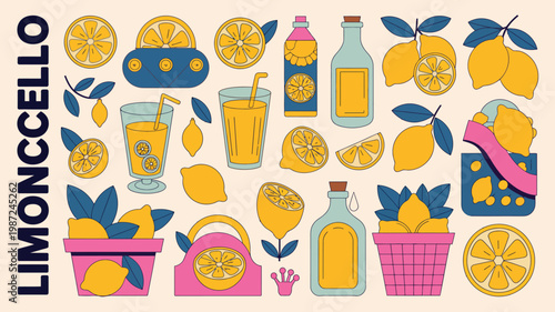A vibrant illustration showcases a summery composition of lemons oranges drinks and bottles evoking a fresh and citrusy atmosphere high quality professional detailed modern elegant stylish