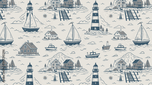 A repeating pattern showcases charming coastal scenes with lighthouses boats small houses and islands creating a nautical and whimsical aesthetic high quality professional detailed modern elegant