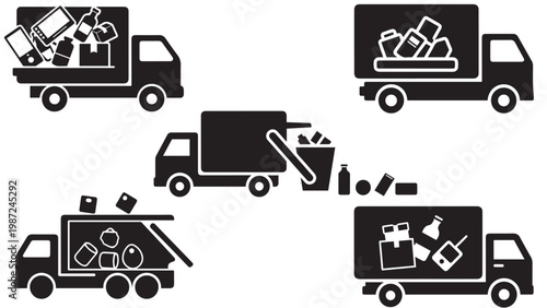 Set Of Recycling Garbage Trucks Carrying Various Waste Materials In City Collection Service